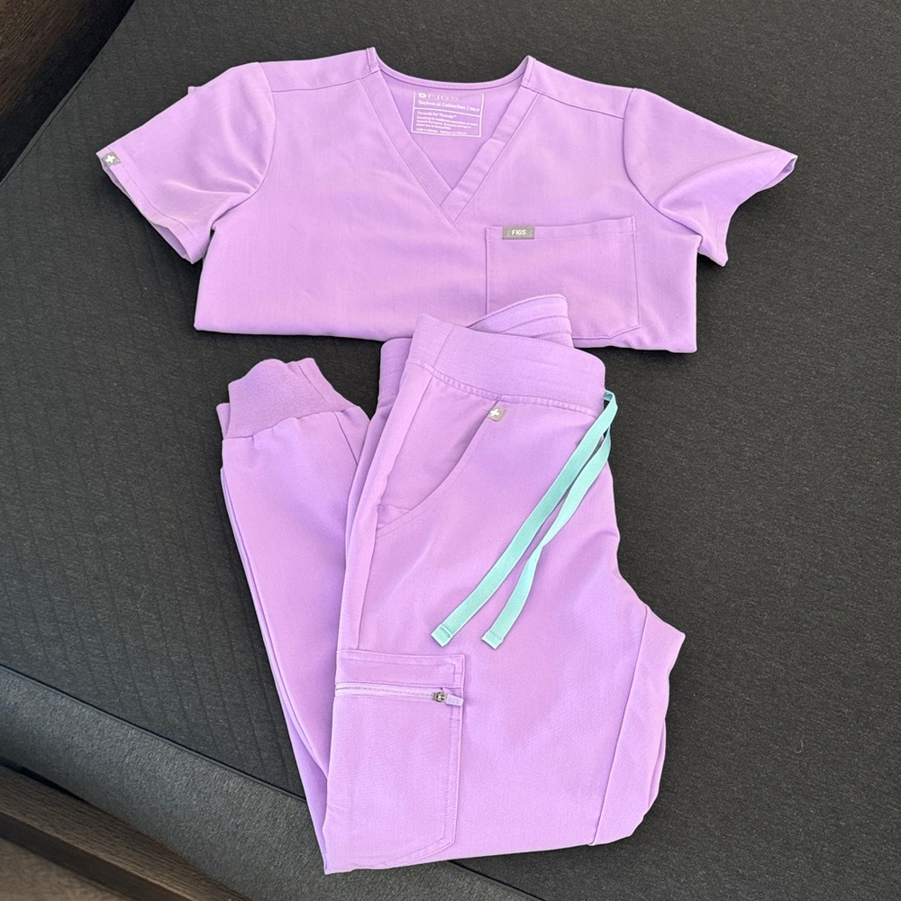 Figs Lavender Scrub Top and Jogger Pants with Mint Drawstrings